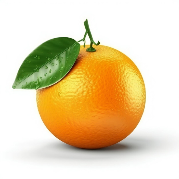 Une orange avec une feuille dessus et un fond blanc.