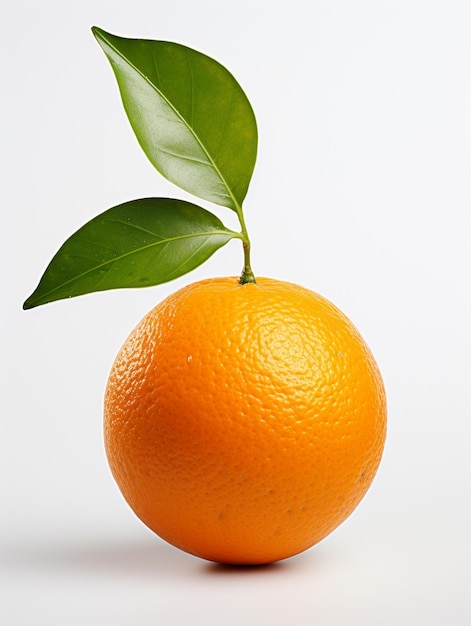 Une orange avec une feuille verte dessus.