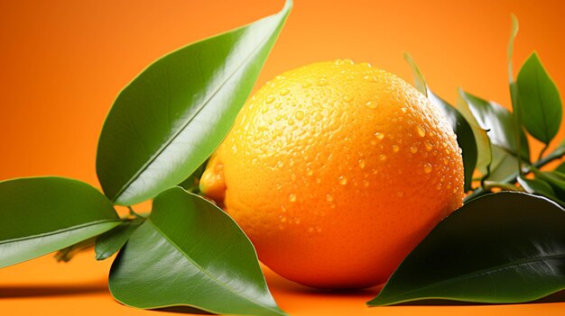 Une orange avec une feuille verte sur fond orange