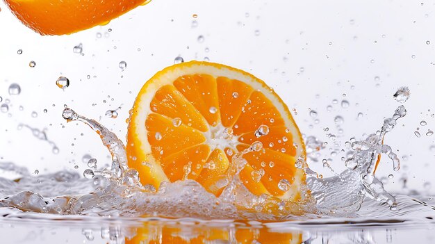 Orange fraîche tombant dans l'eau avec un éclaboussure isolée sur fond blanc