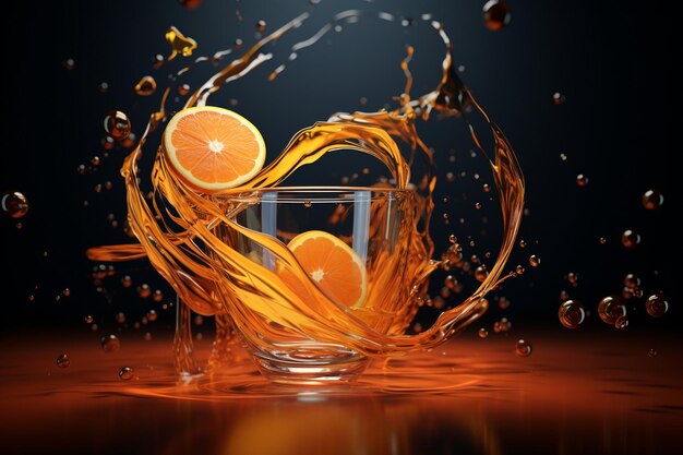 Photo d orange et jus d'orange boisson d'oranger mandarine et éclaboussure de jus d'oranje et éclamoussure de couleur