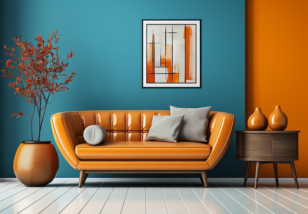 Orange_loveseat_sofa_and_barrel_chair_against_of_blu