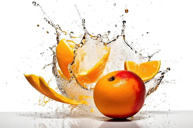 Une orange et une orange s'éclaboussent dans l'eau.