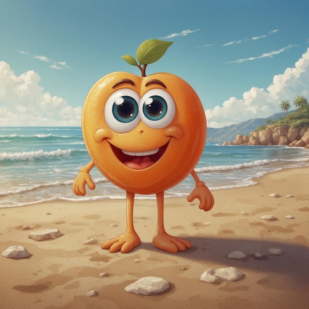 Une orange souriante avec un visage est sur une plage.