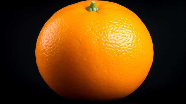 une orange avec une tige verte sur fond noir