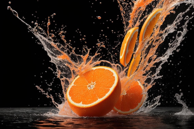 Une orange tombe dans l'eau et l'orange est projetée en l'air.