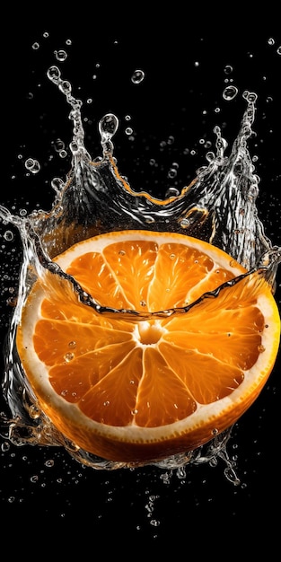 Une orange tombe dans une éclaboussure d'eau.