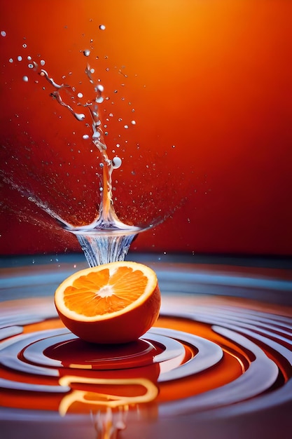 Une orange tombe dans une goutte d'eau.