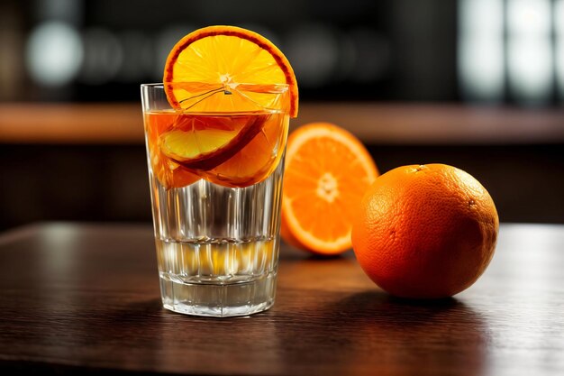 Une orange et un verre d'eau sur une table