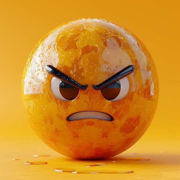 une orange avec un visage en colère dessus