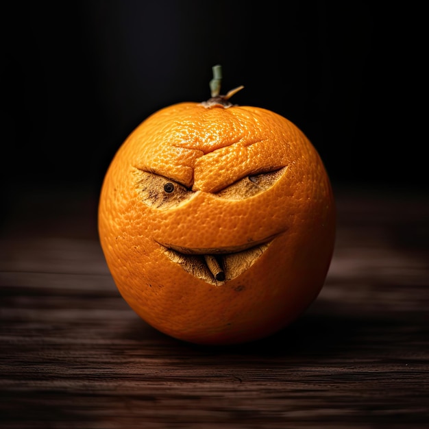 Une orange avec un visage fait d'un visage.