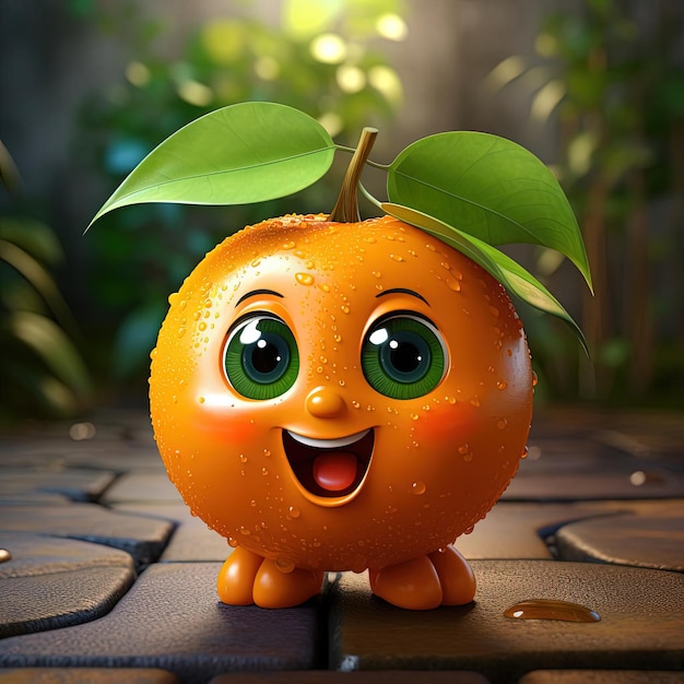 une orange avec des yeux souriants sur un fond une feuille