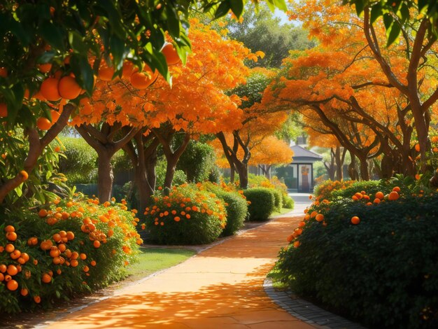 Photo orangers et fleurs dans un jardin