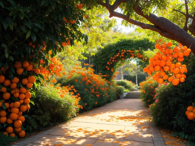 Photo orangers et fleurs dans un jardin