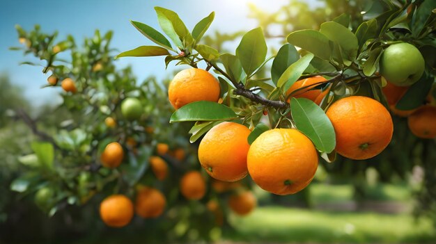 Photo des oranges sur un arbre avec le soleil brillant à travers les feuilles