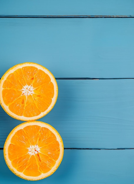 Des oranges biologiques fraîches divisent en deux des fruits sur un fond en bois bleu avec un espace de copie
