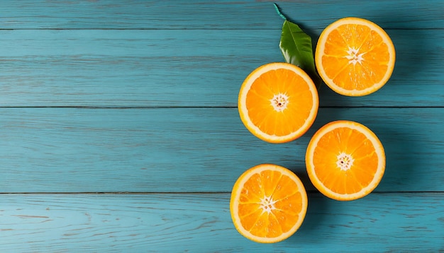 Des oranges biologiques fraîches divisent en deux des fruits sur un fond en bois bleu avec un espace de copie