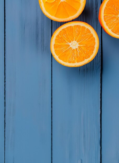 Des oranges biologiques fraîches divisent en deux des fruits sur un fond en bois bleu avec un espace de copie