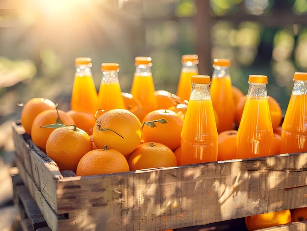 Oranges et bouteilles de jus dans une caisse sous la lumière du soleil Ai généré