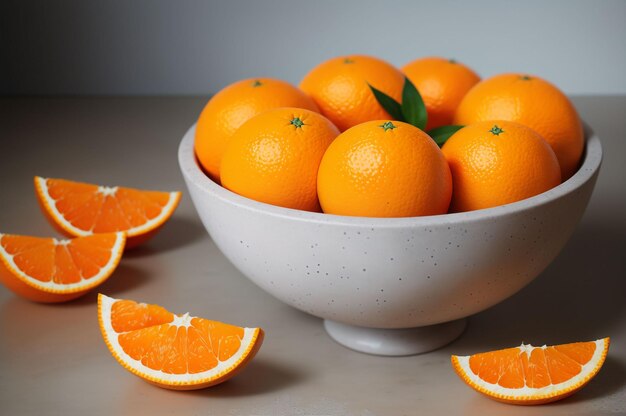 Des oranges dans un bol en béton et des tranches de fruits d'orange sur le côté