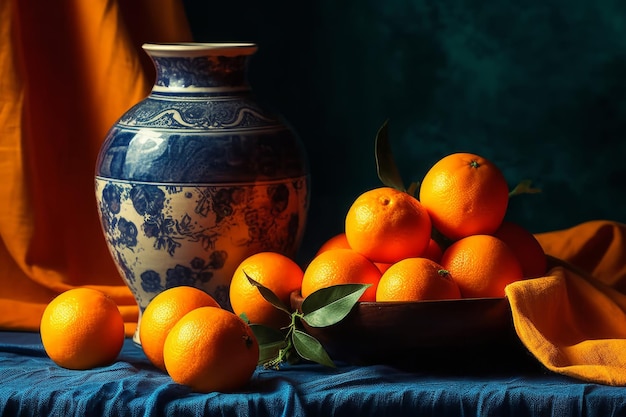 Oranges dans un bol et un vase à fond bleu