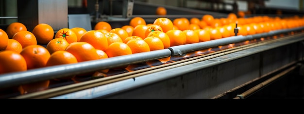 Oranges dans une usine alimentaire propres et fraîches prêtes pour l'emballage automatique Generative AI