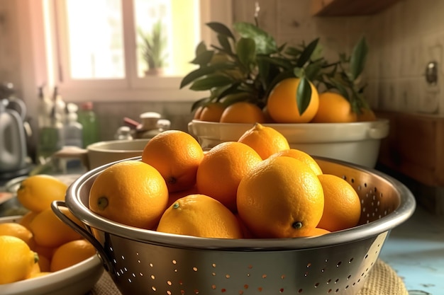 Photo des oranges délicieuses en gros plan sur la table de la cuisine en arrière-plan