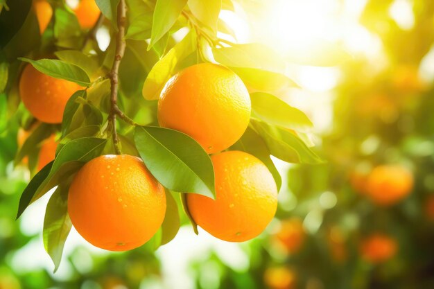 Des oranges éclairées par le soleil prêtes à la récolte