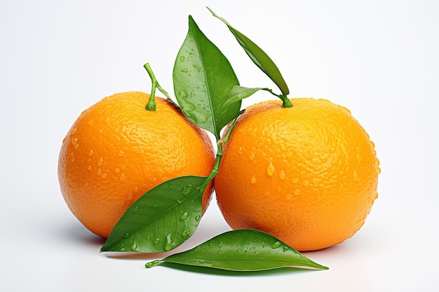 Des oranges avec des feuilles sur un fond blanc Closeup