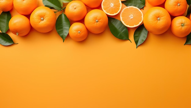 Oranges avec feuilles sur fond orange vue de dessus plate