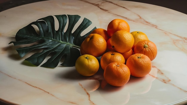 Des oranges et des feuilles de monstera sur une surface de marbre