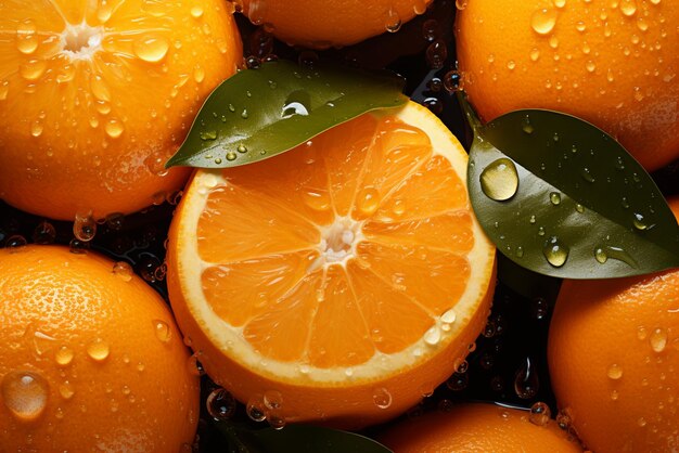 Photo des oranges fraîches avec des gouttes d'eau sur un fond sombre