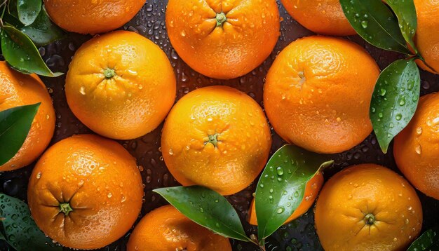 Des oranges fraîches et juteuses avec des feuilles, des gouttes d'eau, des agrumes savoureux et sucrés.