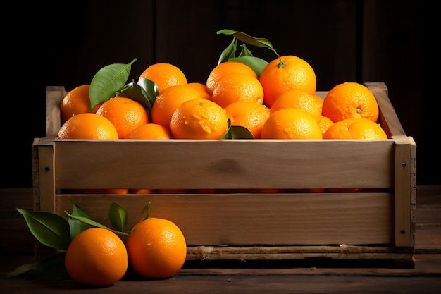 Des oranges fraîches et mûres dans une caisse en bois