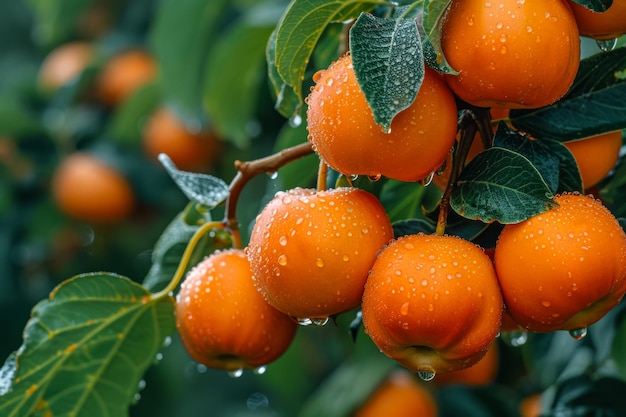Des oranges fraîches pendues sur une branche d'arbre luxuriante