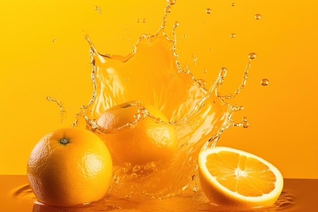 Oranges fraîches tombant dans du jus d'orange avec effet splash