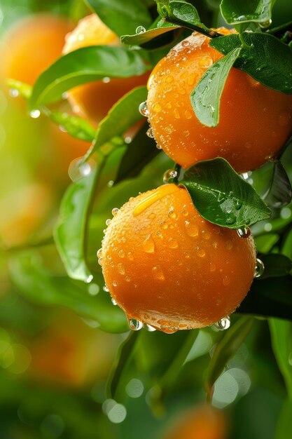 Des oranges avec des gouttes d'eau sur l'arbre