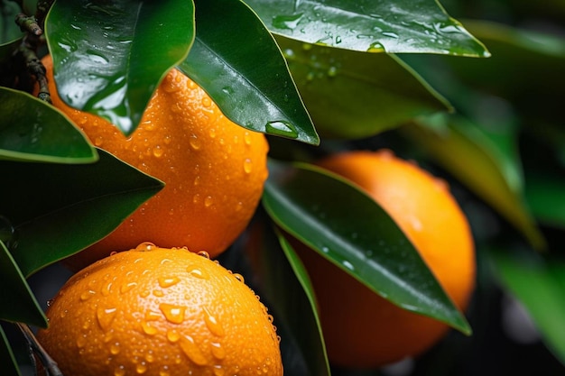 Oranges avec des gouttes d'eau dessus avec une feuille verte.