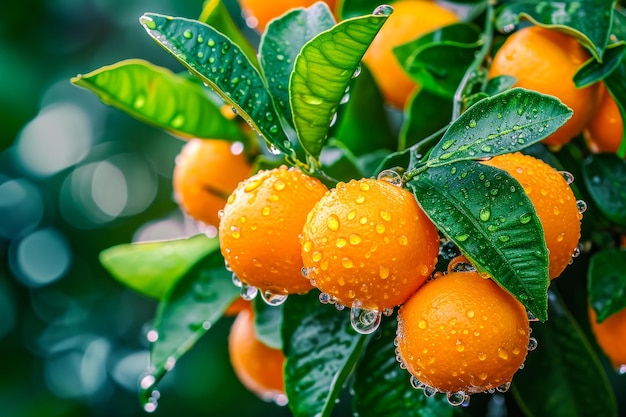 Des oranges avec des gouttes d'eau sur elles dont certaines tombent de l'arbre