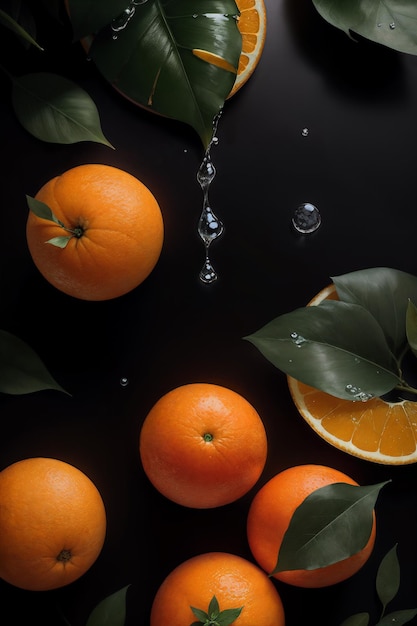 Oranges et gouttes d'eau sur fond noir