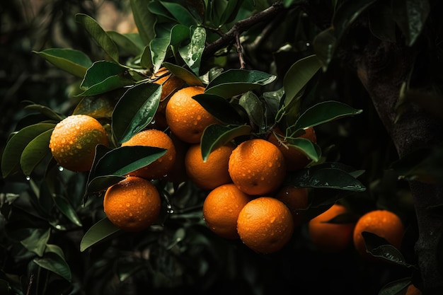 Photo des oranges mûres, des agrumes accrochés à une branche d'arbre, des fruits vifs, des feuilles vertes luxuriantes.