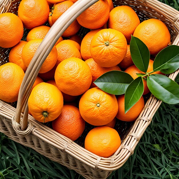 Photo des oranges mûres dans un panier de osier sur l'herbe verte