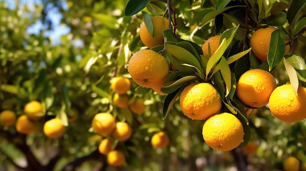 Des oranges mûres et fraîches accrochées à une branche IA générative