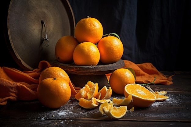 Des oranges pelées sur une planche de bois sur la table de la cuisine