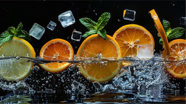Les oranges sont éclaboussées de glace et d'eau.