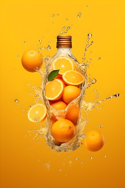 Des oranges sont versées dans une bouteille avec une feuille qui est pulvérisée.