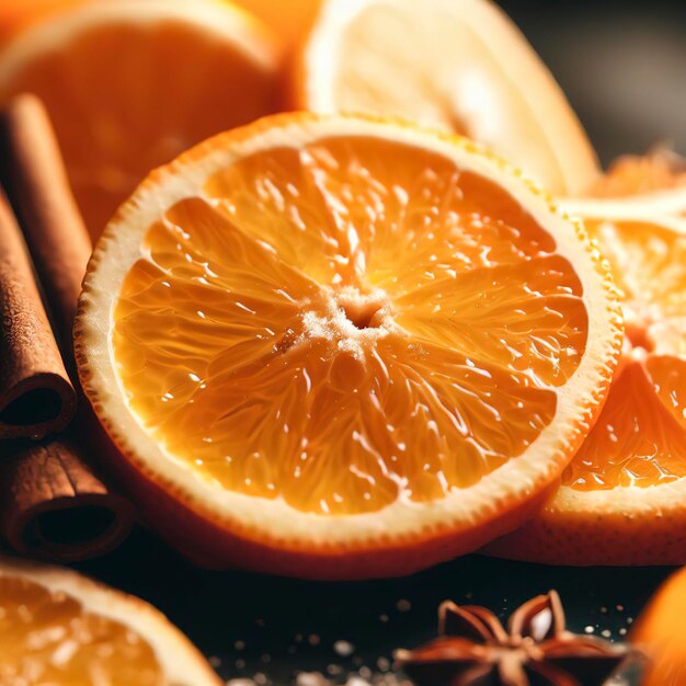 Des oranges tranchées avec du sucre et du ciinamon