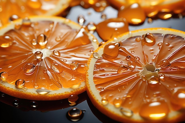 Oranges tranchées avec des gouttelettes d'eau sur une surface réfléchissante capturant l'essence des agrumes frais et l'hydratation