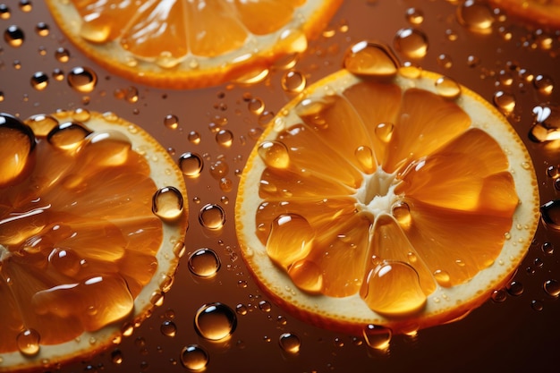 Les oranges tranchées avec des gouttelettes d'eau sur une surface réfléchissante incarnent la fraîcheur et la source de vitamine C