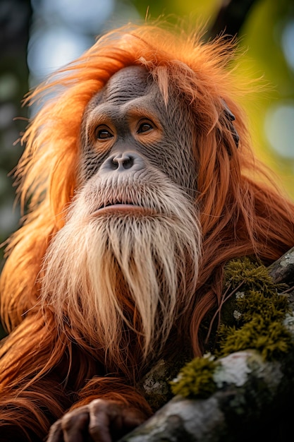 un orangutan dans un arbre de forêt avec des cheveux roux et une barbe rouge